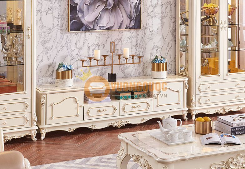 Các mẫu kệ tivi gỗ công nghiệp phong cách tân cổ điển