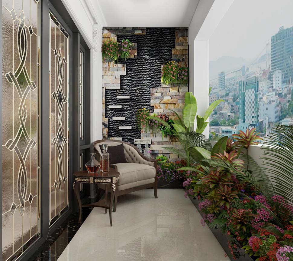 Trang trí ban công chung cư nhỏ với mảng tường đứng