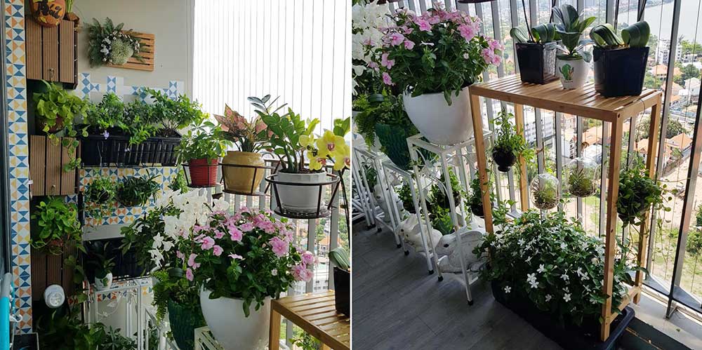 Mẫu ban công nhỏ đẹp với cây xanh và hoa